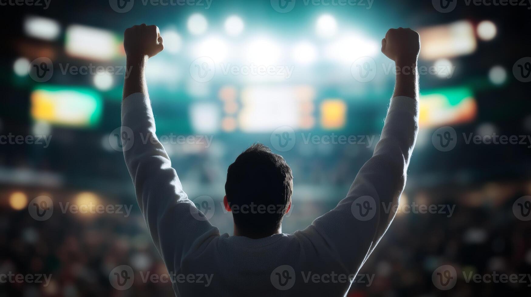 Excitement builds in the arena as a fan raises hands in celebration during a thrilling sporting event photo