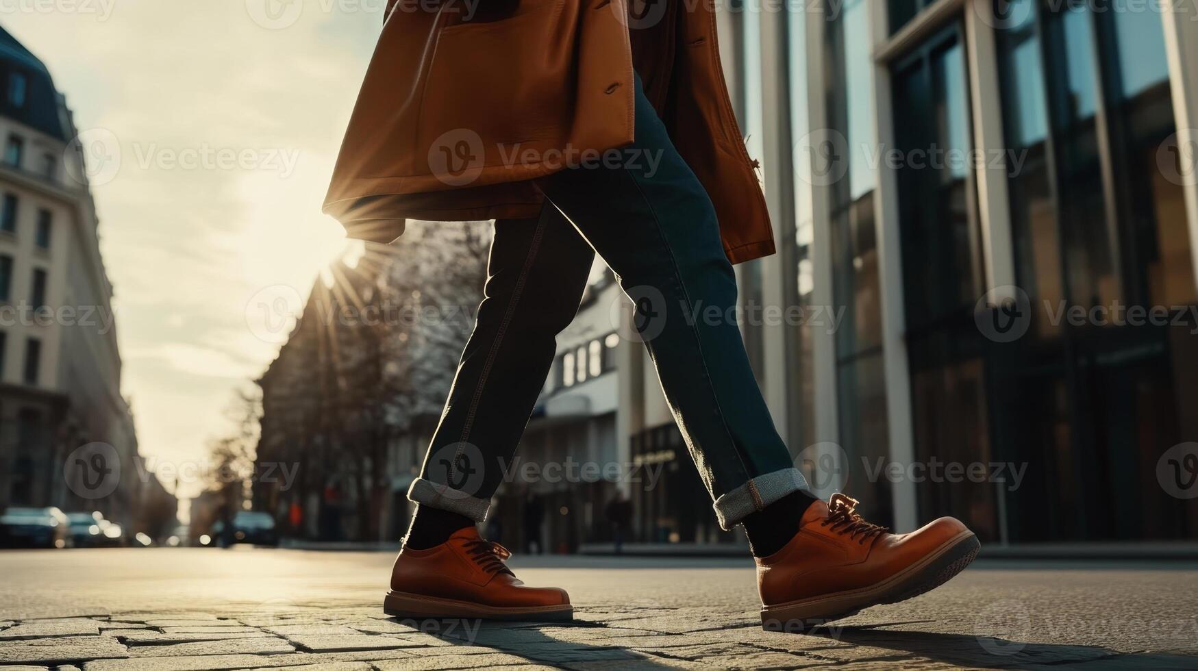 Sunset walk along city street with orange shoes and warm light in urban environment photo