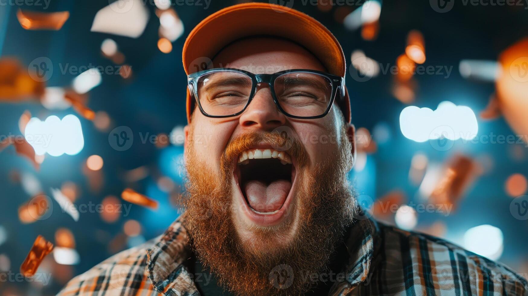 Excited man celebrating with confetti in a lively atmosphere during a nighttime event photo