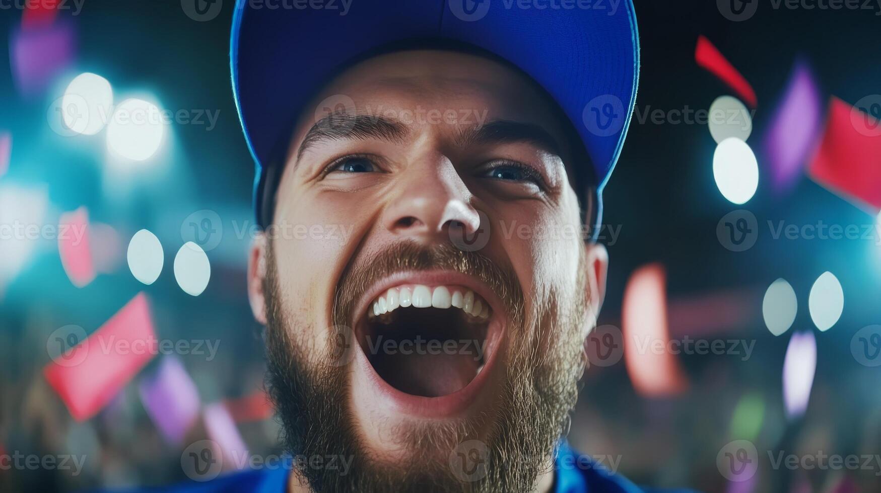 Excited fan cheering passionately during sporting event at night with vibrant lights and colorful confetti in the background photo