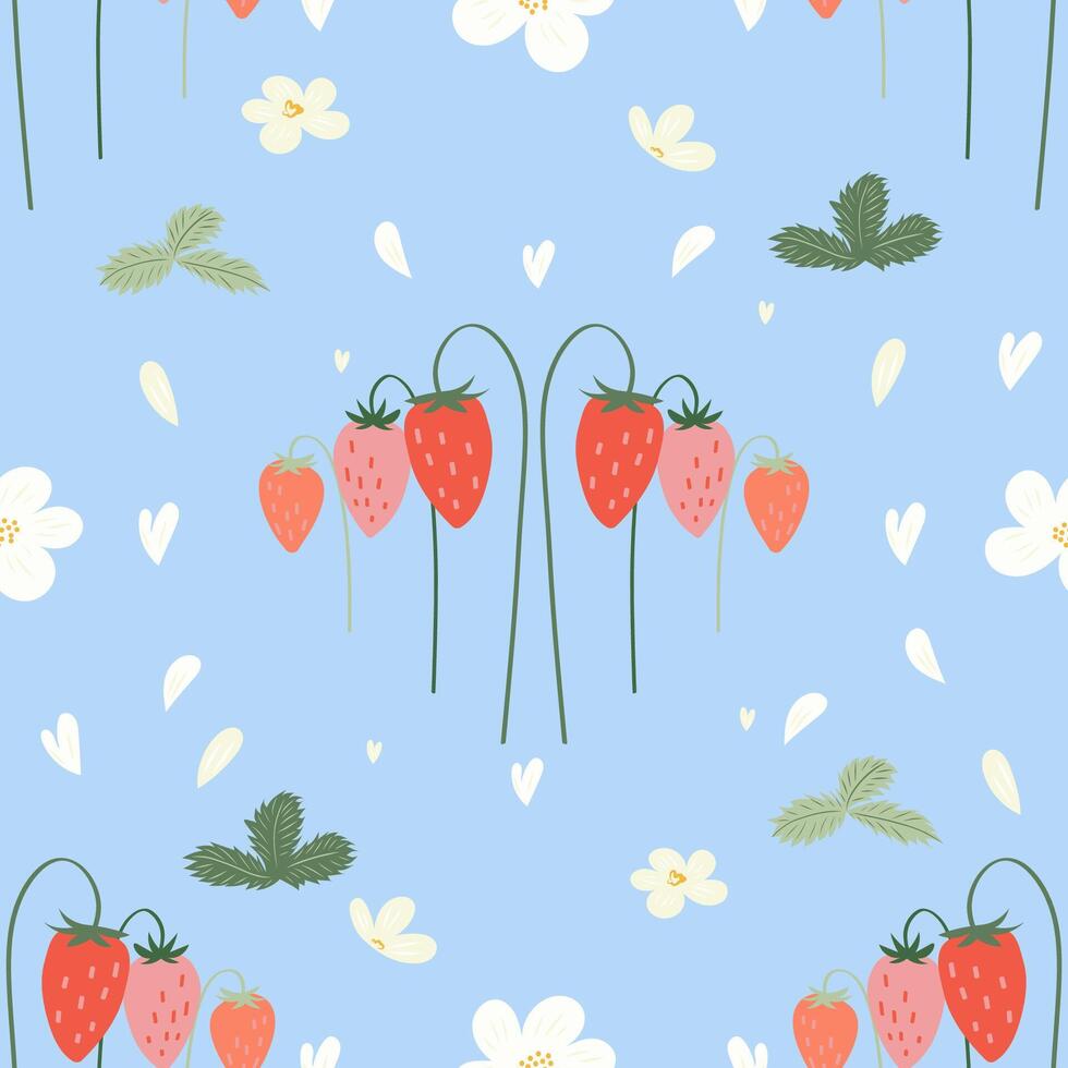 Seamless pattern blue background with strawberry, flower and leaves, illustration for print, textile, fabric. vector