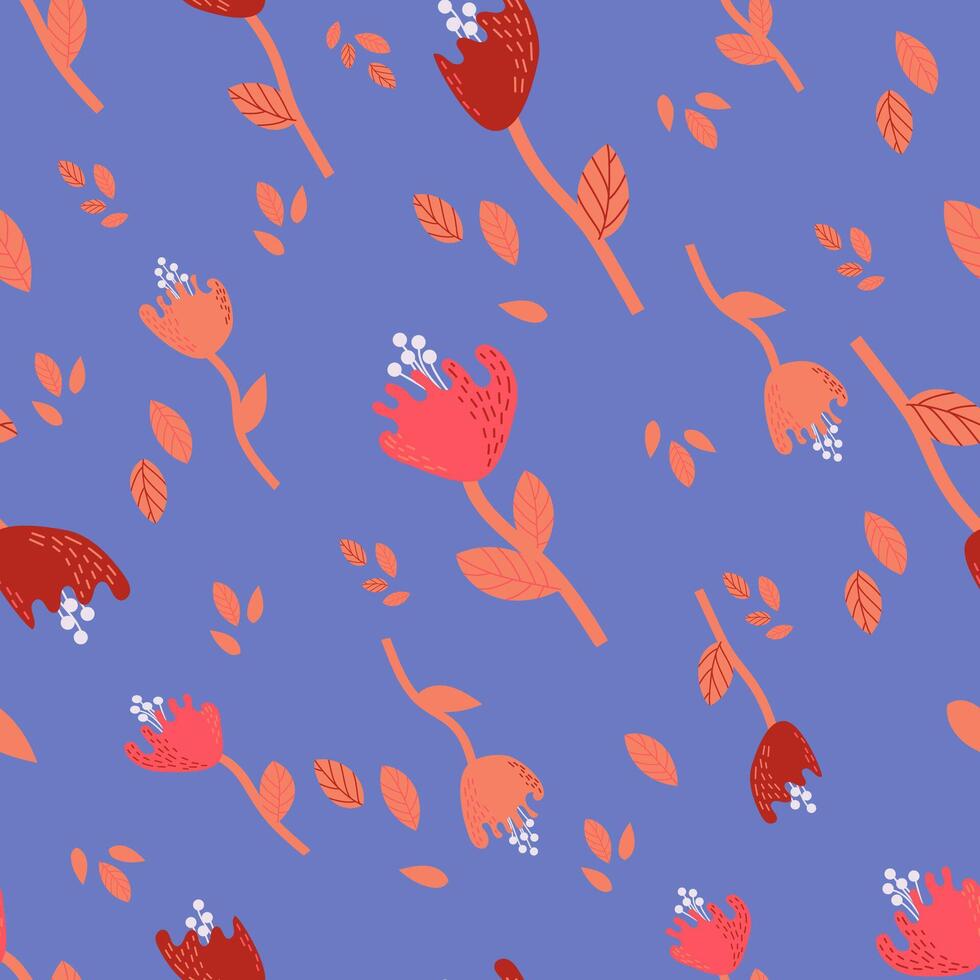 Seamless summer pattern on a blue background with flowers and leaves, illustration for printing, textiles, fabric. vector