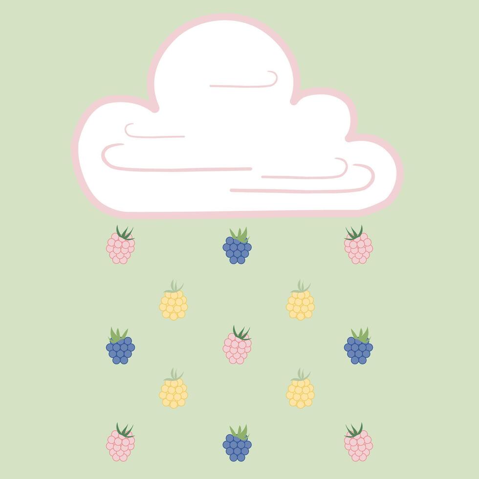 Summer illustration on a green background, summer rain, cloud, raspberry, blackberry vector
