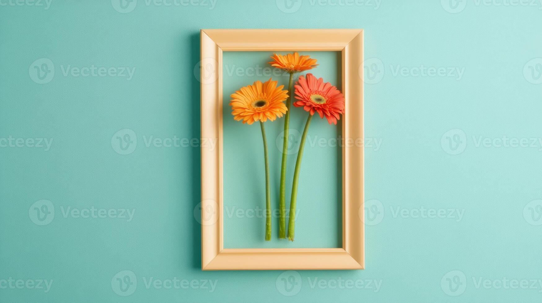 Beautiful gerbera daisies arranged in a frame against a vibrant turquoise background showcasing artistry and creativity photo