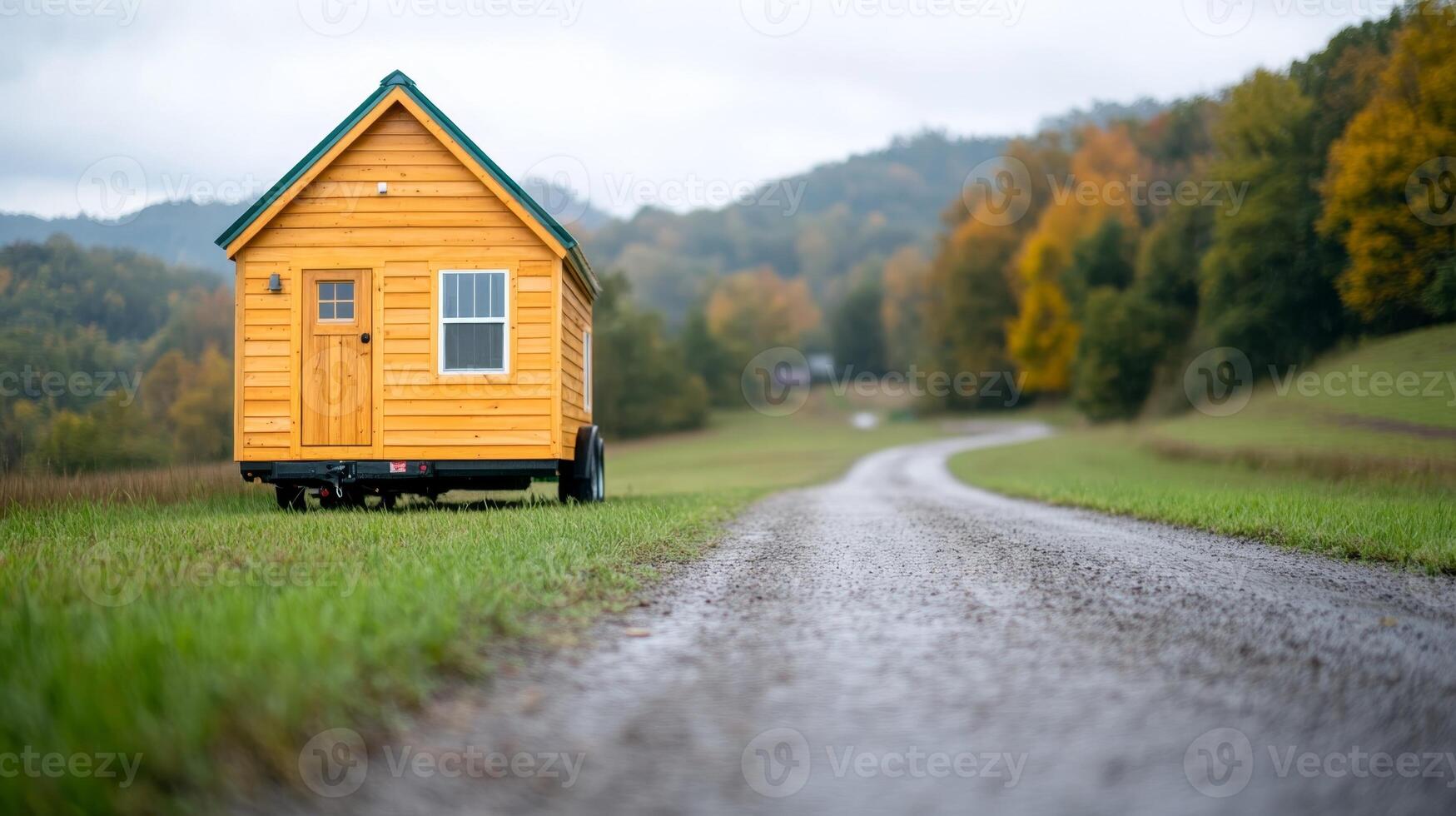 Bright yellow tiny house on wheels beside winding rural dirt road in autumn landscape with rolling hills and trees photo