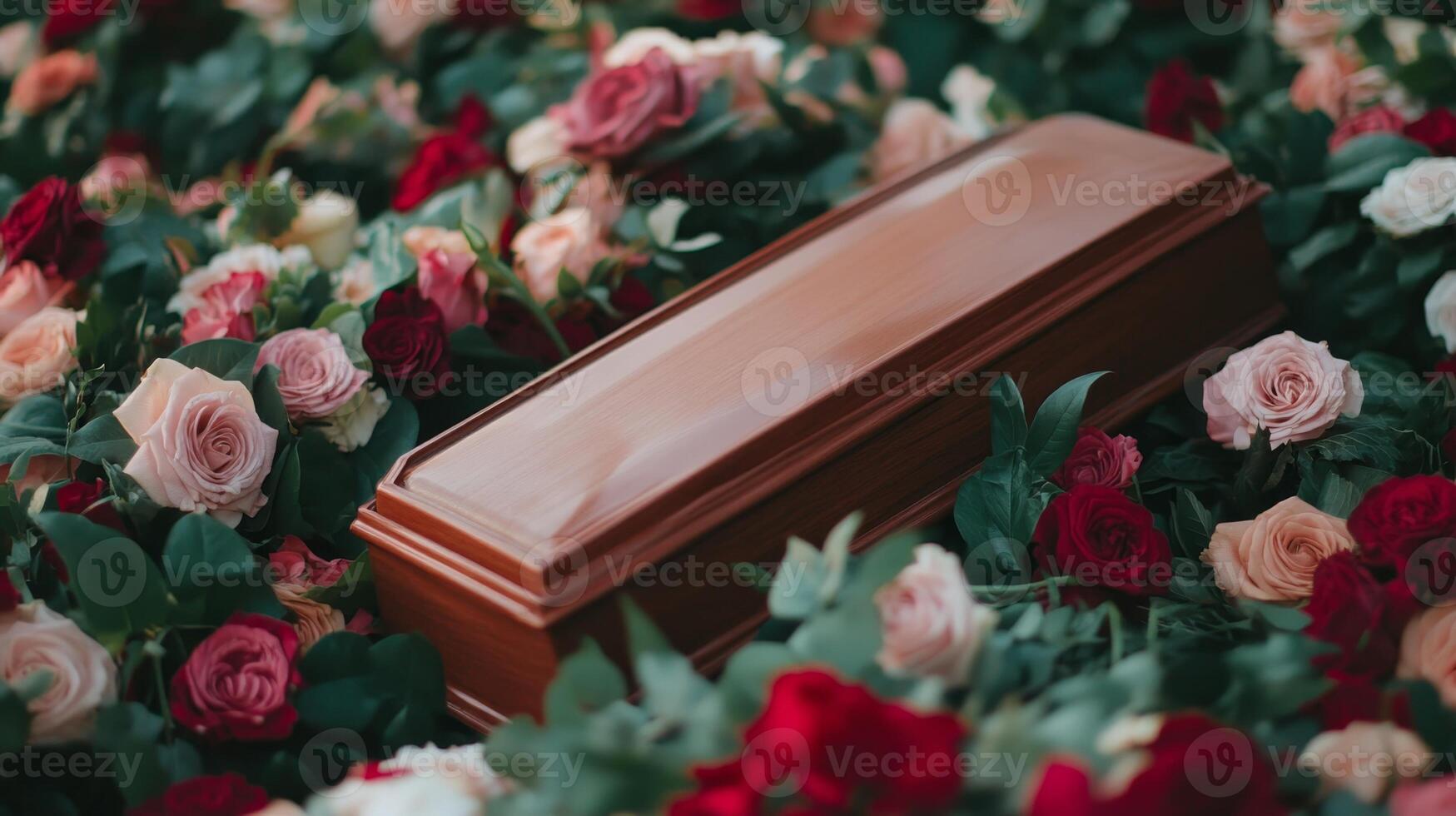 Wooden coffin surrounded by a vibrant array of red and pink roses in a serene garden setting during a peaceful memorial service photo