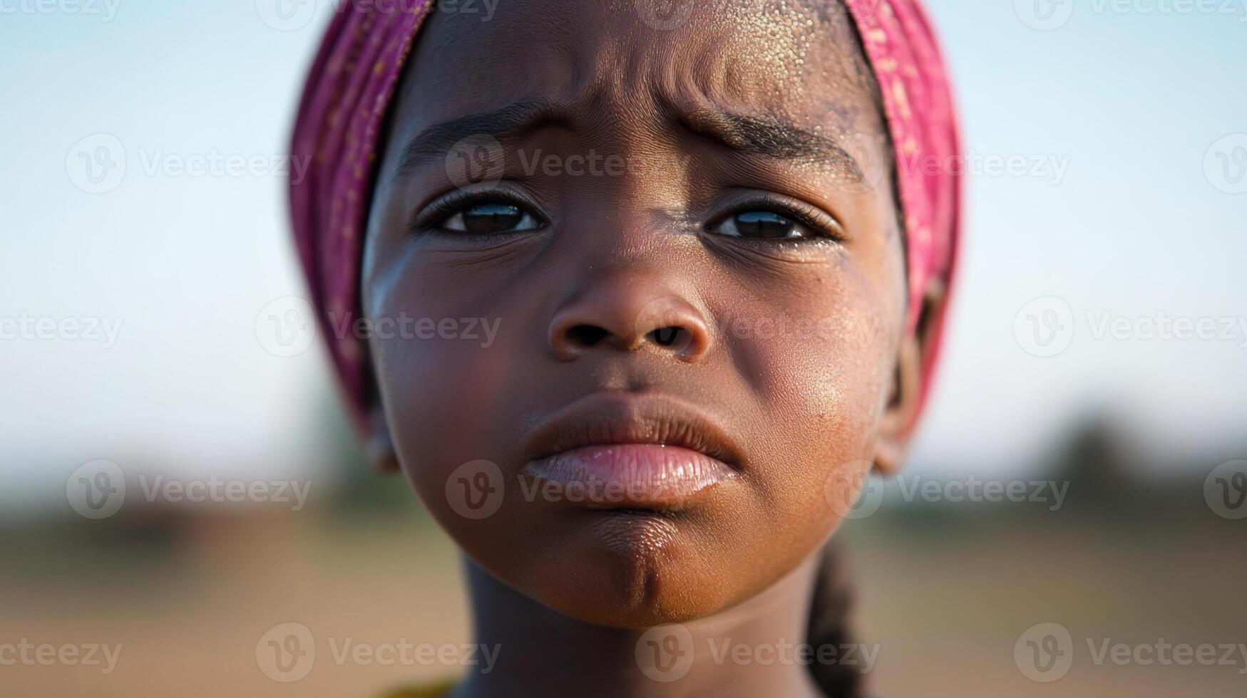 Child with thoughtful expression during golden hour in a rural setting, showcasing resilience and curiosity photo