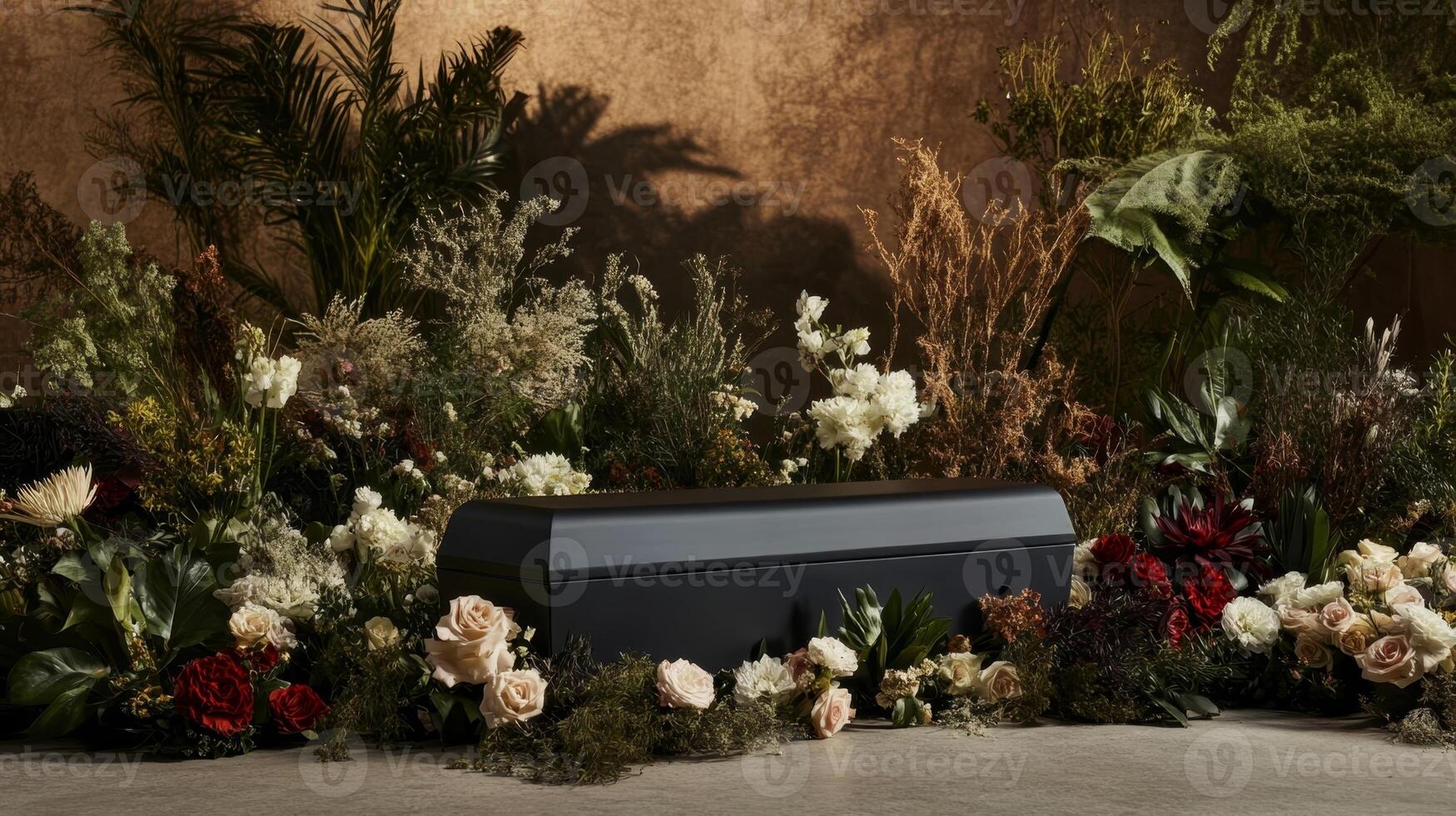 Elegant black coffin surrounded by lush floral arrangement in a serene setting photo