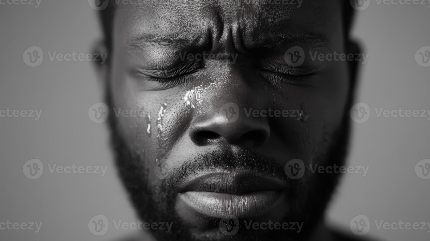 Emotional portrait of a man expressing deep sadness with tears streaming down his face in a monochrome setting photo