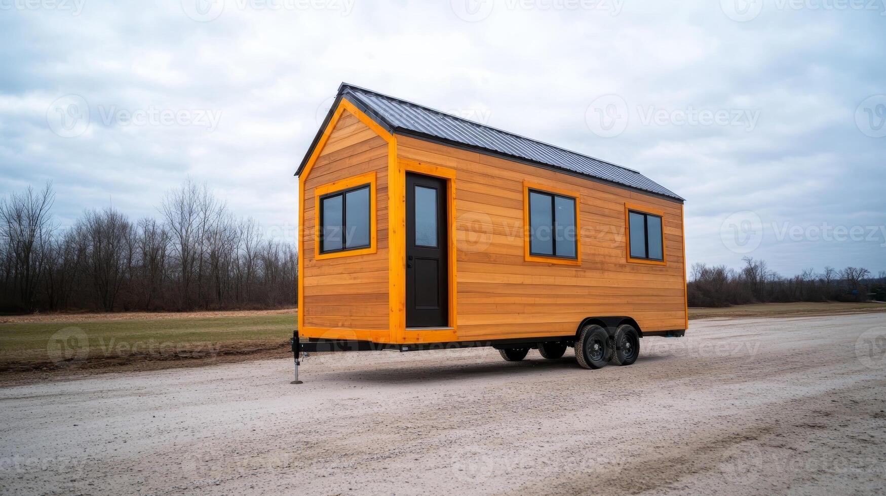 Bright yellow tiny house on wheels parked in rural landscape with cloudy sky during early afternoon photo
