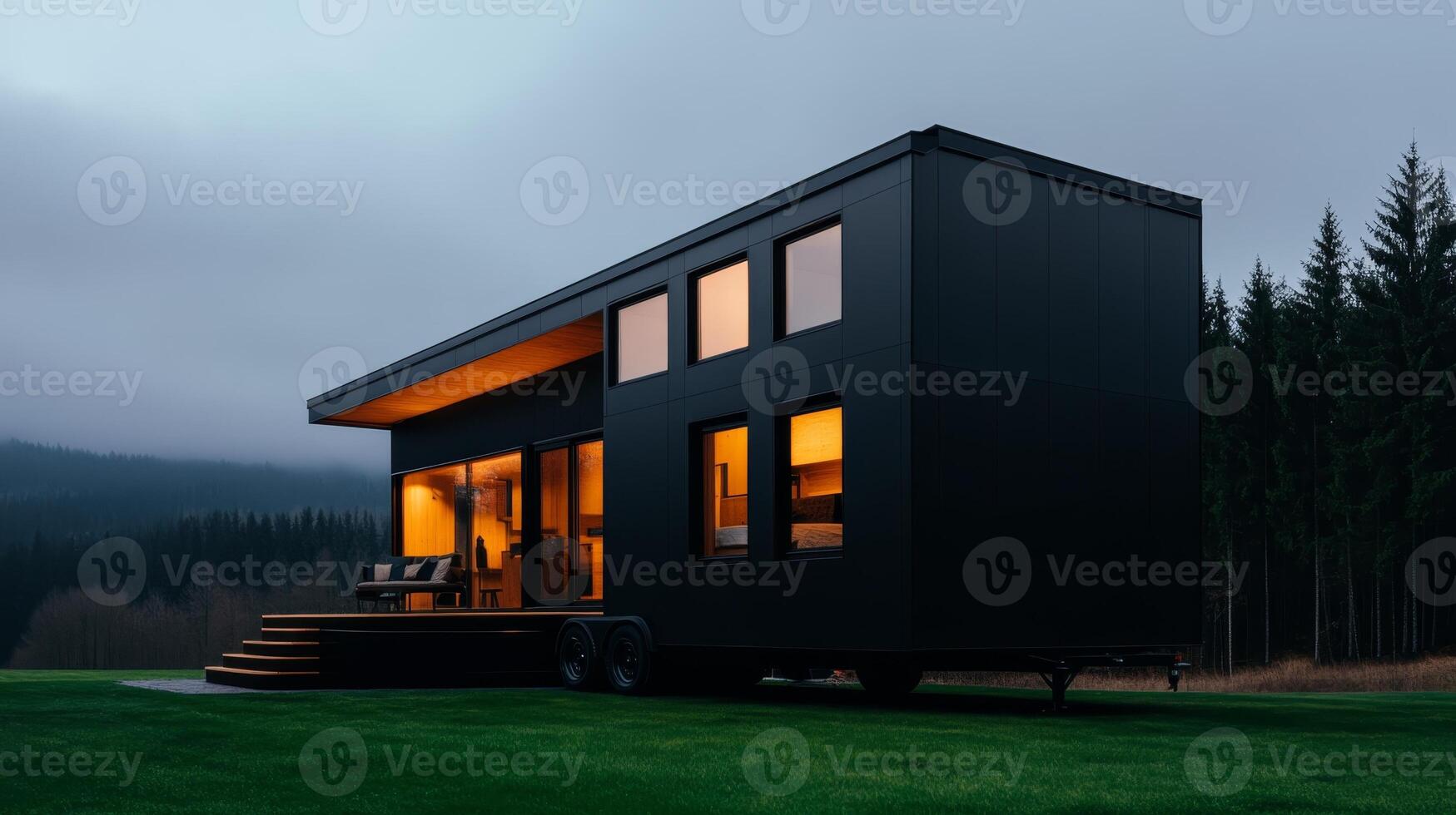 Modern black tiny house with warm lighting in serene forest setting at dusk photo