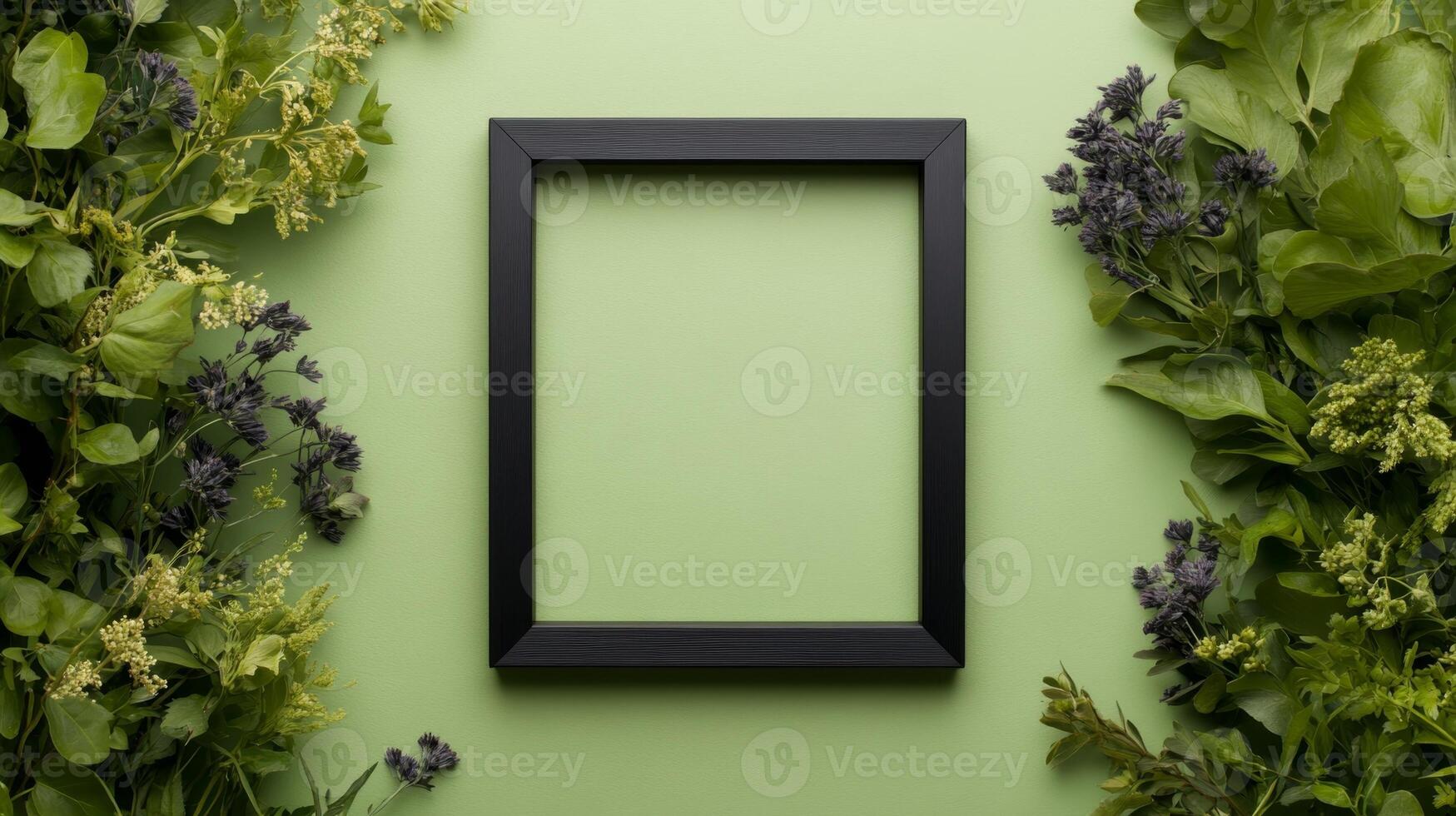 Green background with black frame surrounded by fresh herbs and flowers, ideal for creative presentations or displays photo