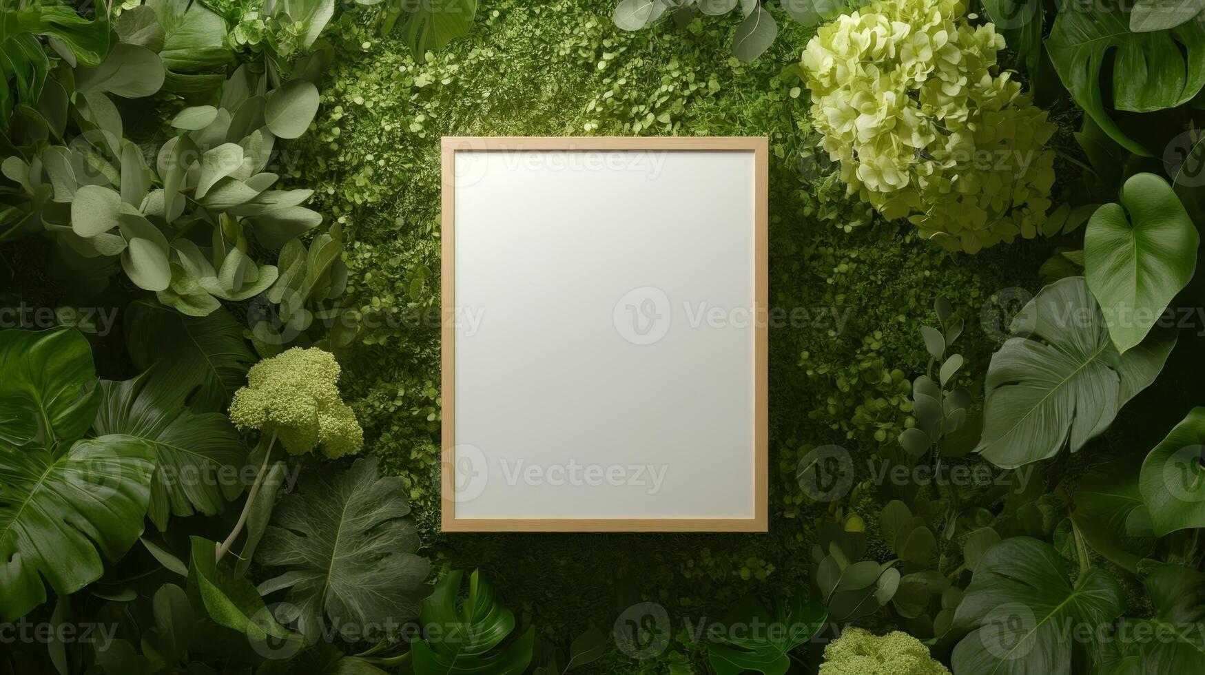 Blank white frame surrounded by lush green foliage and vibrant flowers in a natural setting for creative design photo