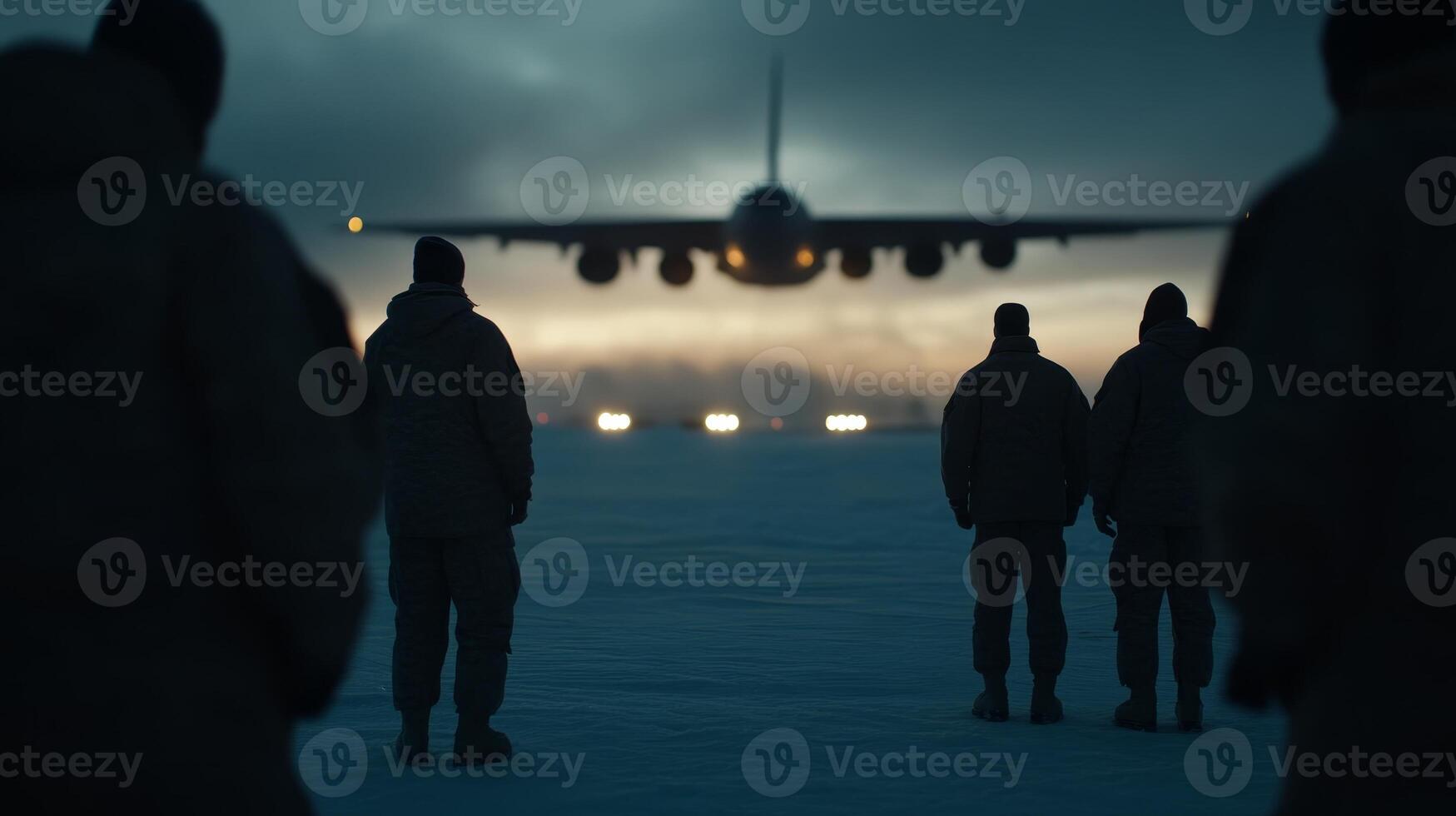 Military personnel observe aircraft landing in a snowy environment during twilight hours near an airbase photo