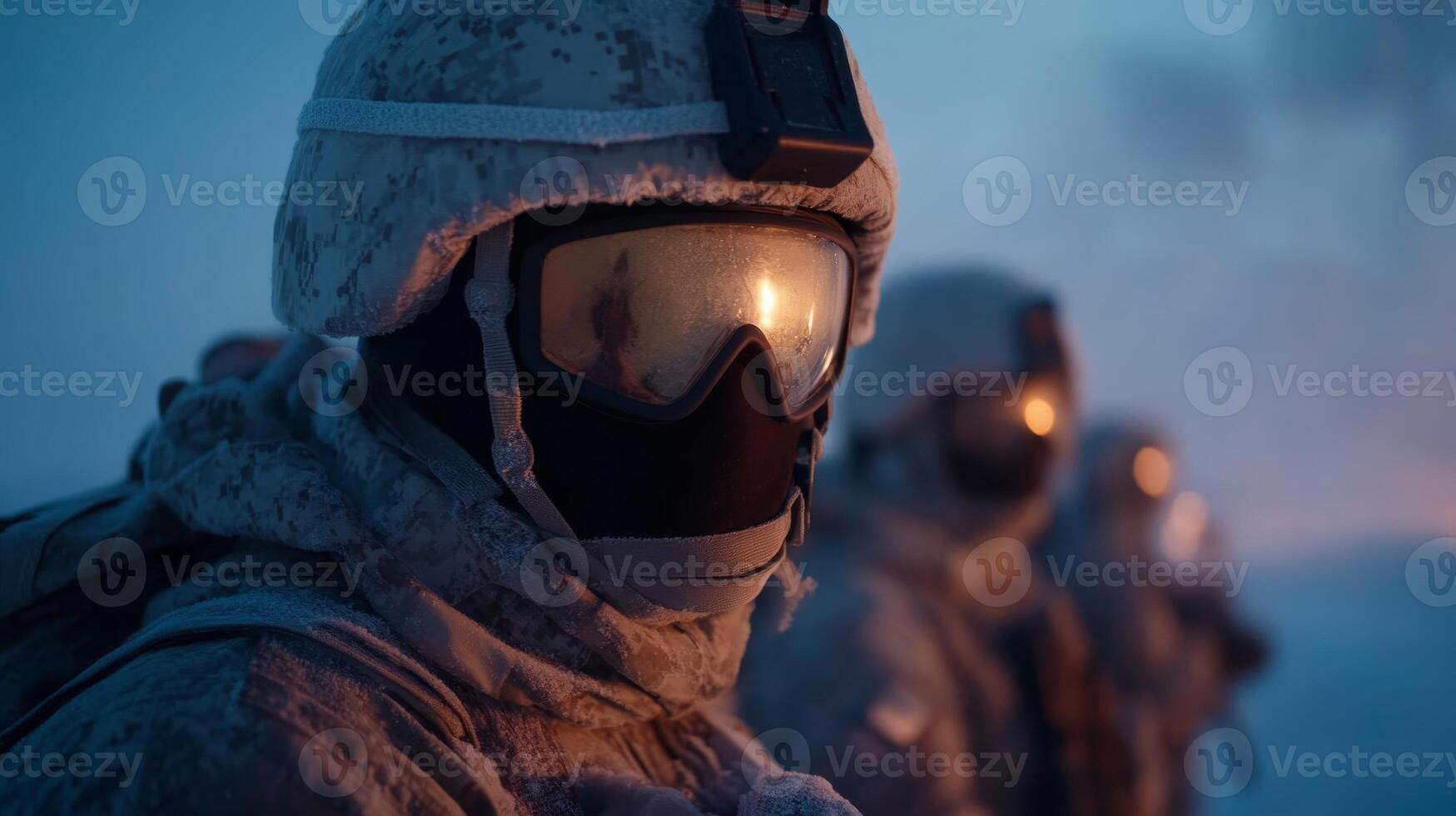 Group of soldiers clad in winter camouflage gear stands vigilant in a snow-covered landscape at dusk, ready for action in harsh weather conditions, highlighting their resilience and focus photo