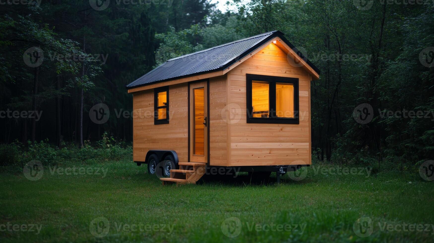 Tiny wooden house on wheels surrounded by lush greenery in a tranquil forest setting during twilight hours photo