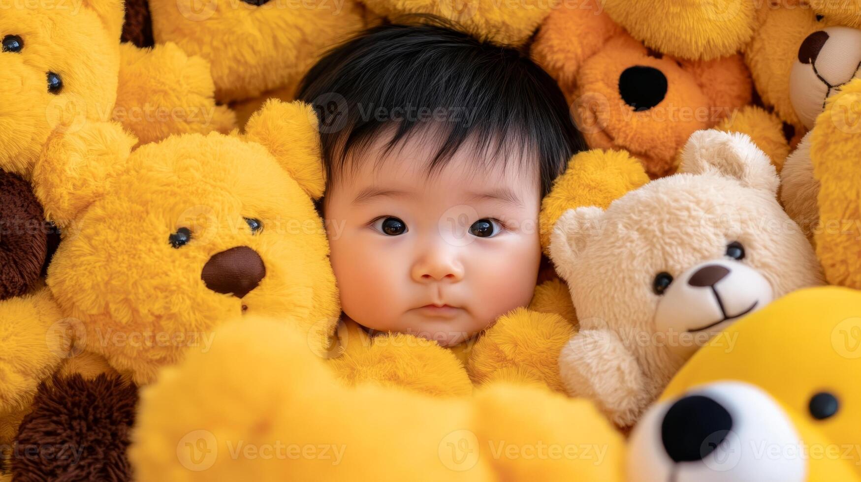 Baby surrounded by cheerful yellow teddy bears in a playful and cozy setting for joyful moments and sweet memories photo
