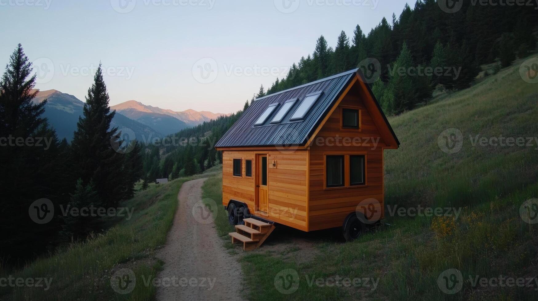 Tiny house on wheels nestled in mountain landscape during twilight hours with trees surrounding a winding path photo
