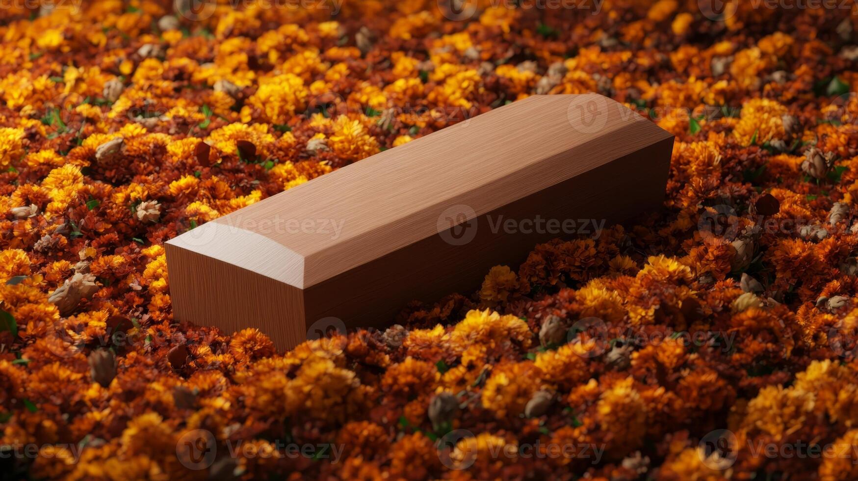 Coffin surrounded by marigold flowers on a vibrant altar during a colorful celebration of life ceremony photo