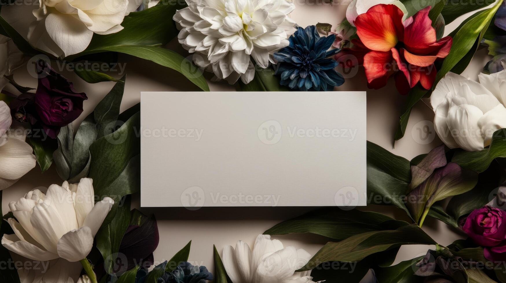 Floral arrangement featuring blank card among vibrant flowers on a neutral backdrop for personalized messages and greetings photo