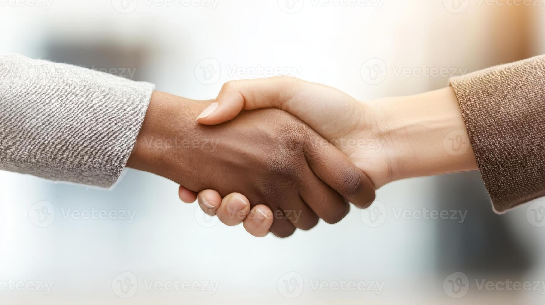 Handshake between diverse business partners in a modern office setting symbolizing collaboration and trust in a professional environment photo