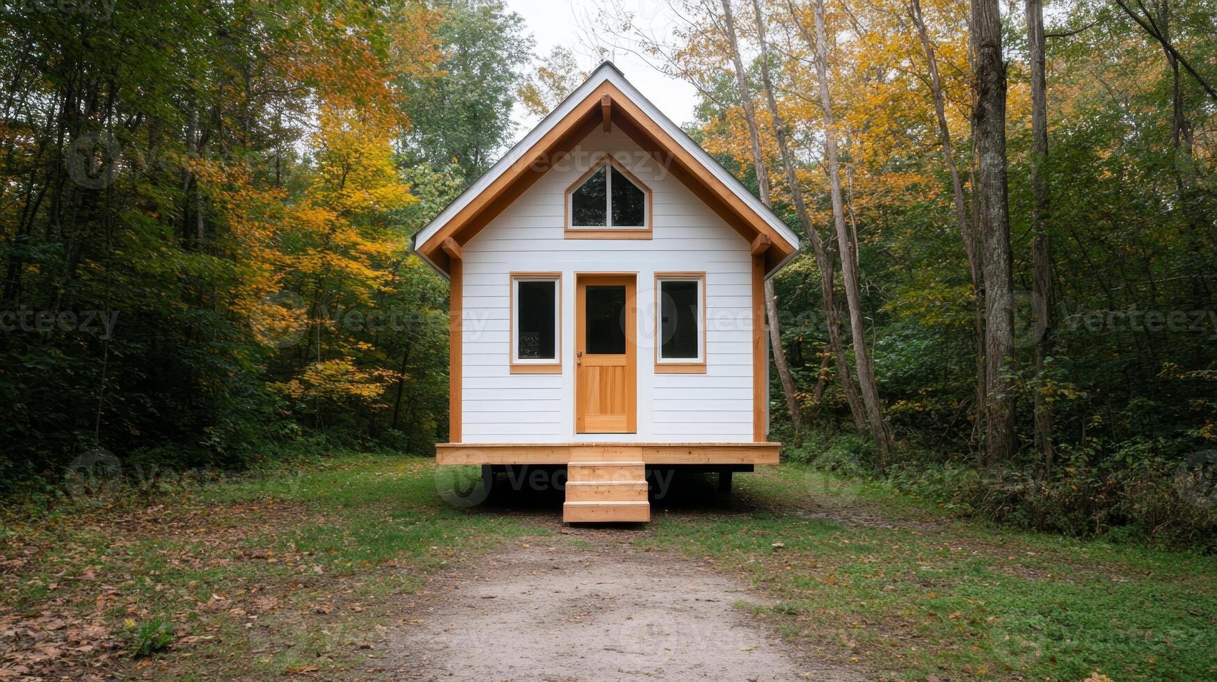 Cozy tiny house surrounded by vibrant autumn foliage in a serene wooded area photo