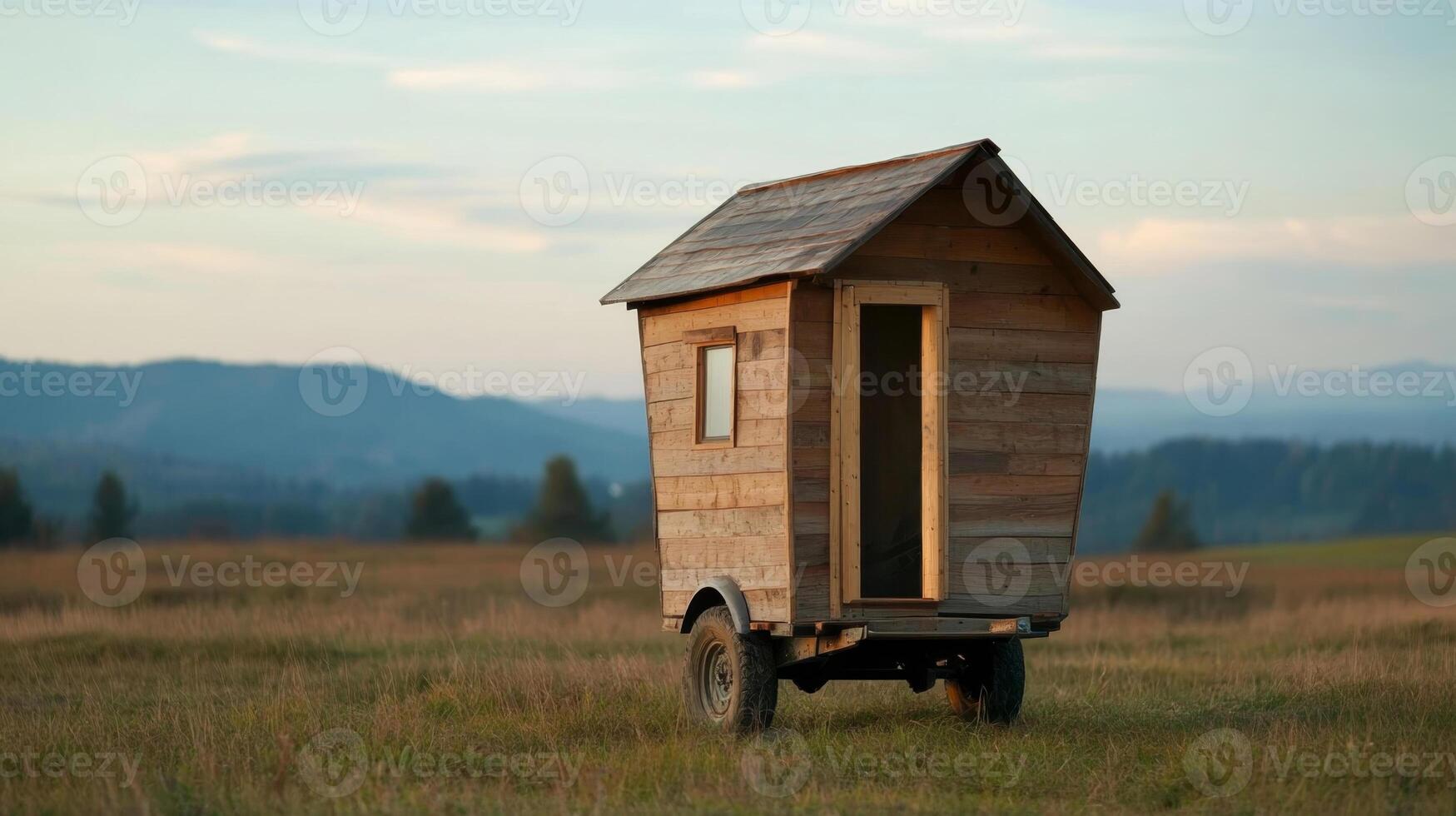 Unique wooden tiny house on wheels in a serene rural landscape during golden hour photo