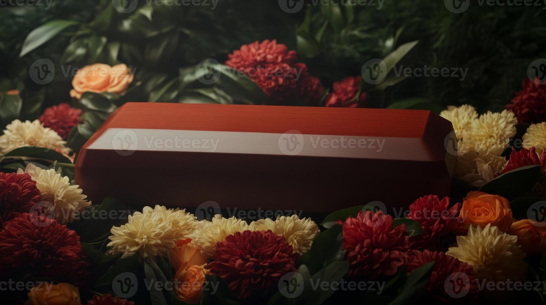 Red coffin surrounded by colorful flowers during a memorial service in a serene setting photo