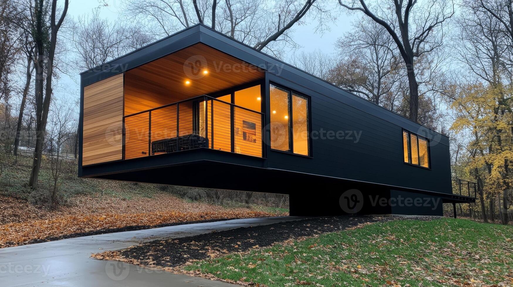 Modern black cantilevered house with vibrant interior lighting during dusk in a tranquil wooded area photo