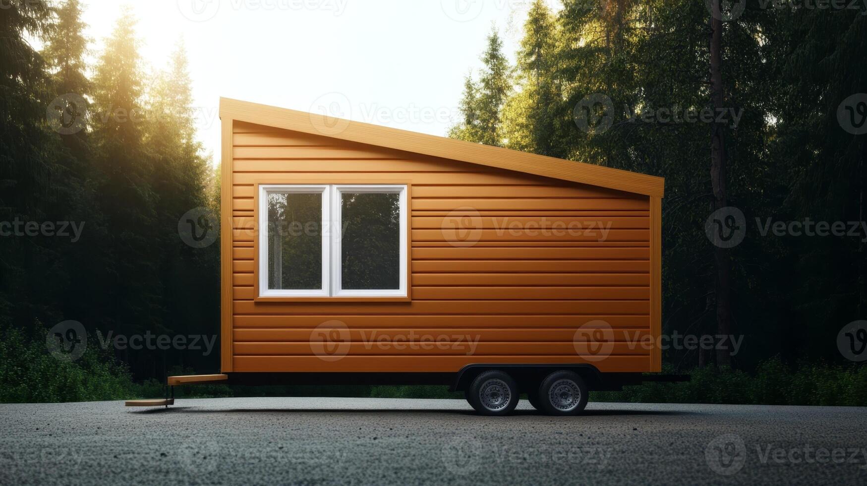 Modern tiny house on wheels situated in a serene forest surrounded by tall trees during golden hour light photo