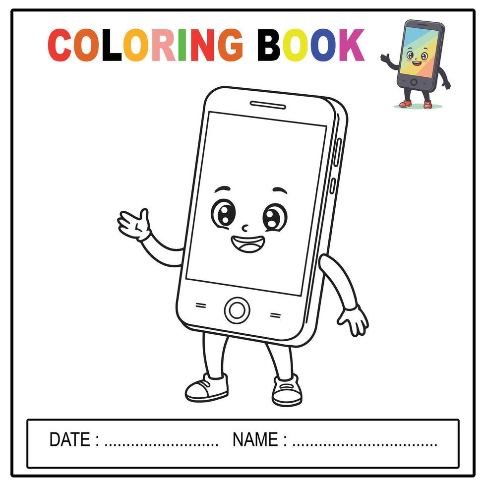 happy smartphone character coloring page vector