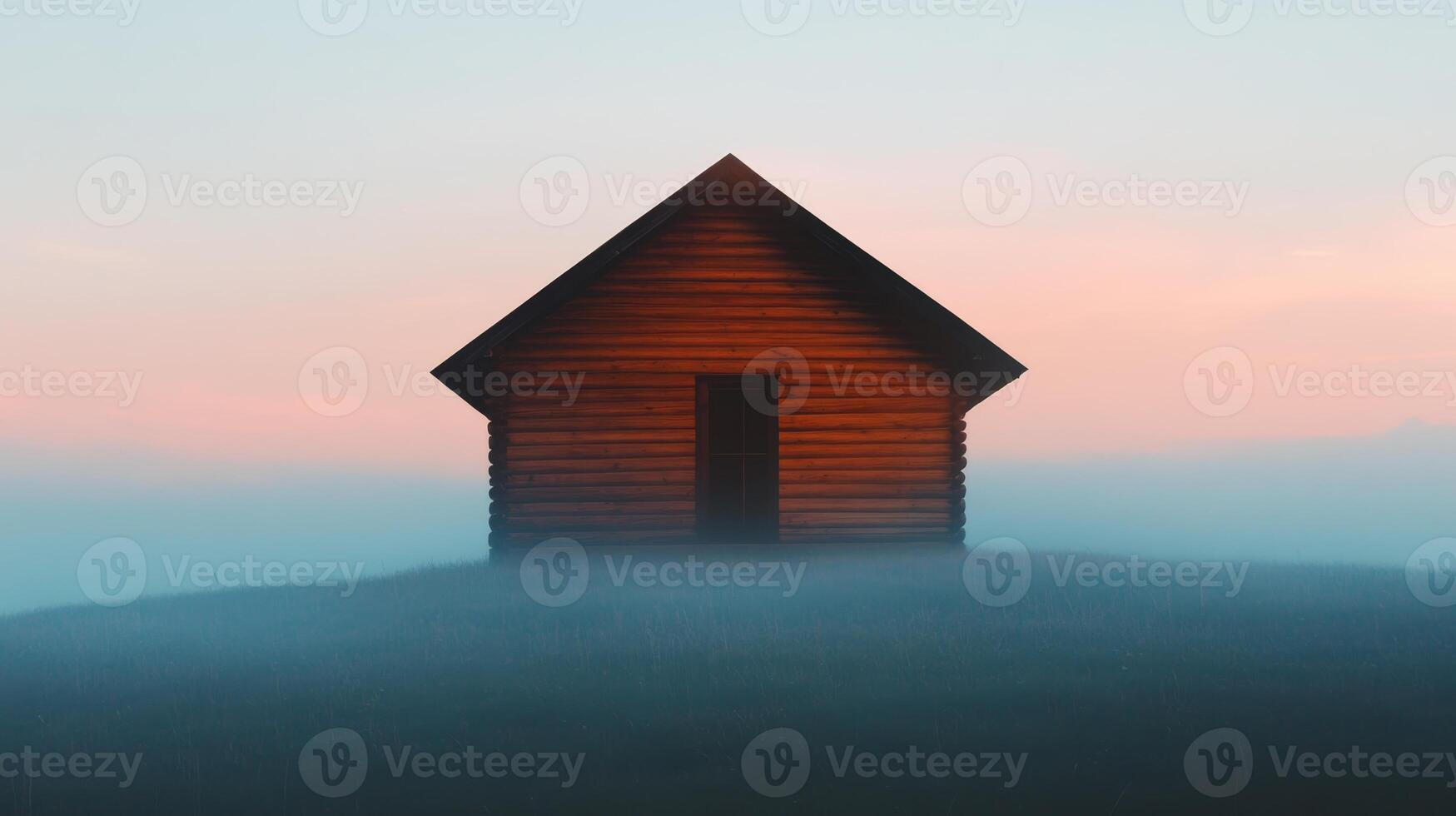 Mysterious wooden house on a foggy hill at dawn with soft pastel sky tones photo