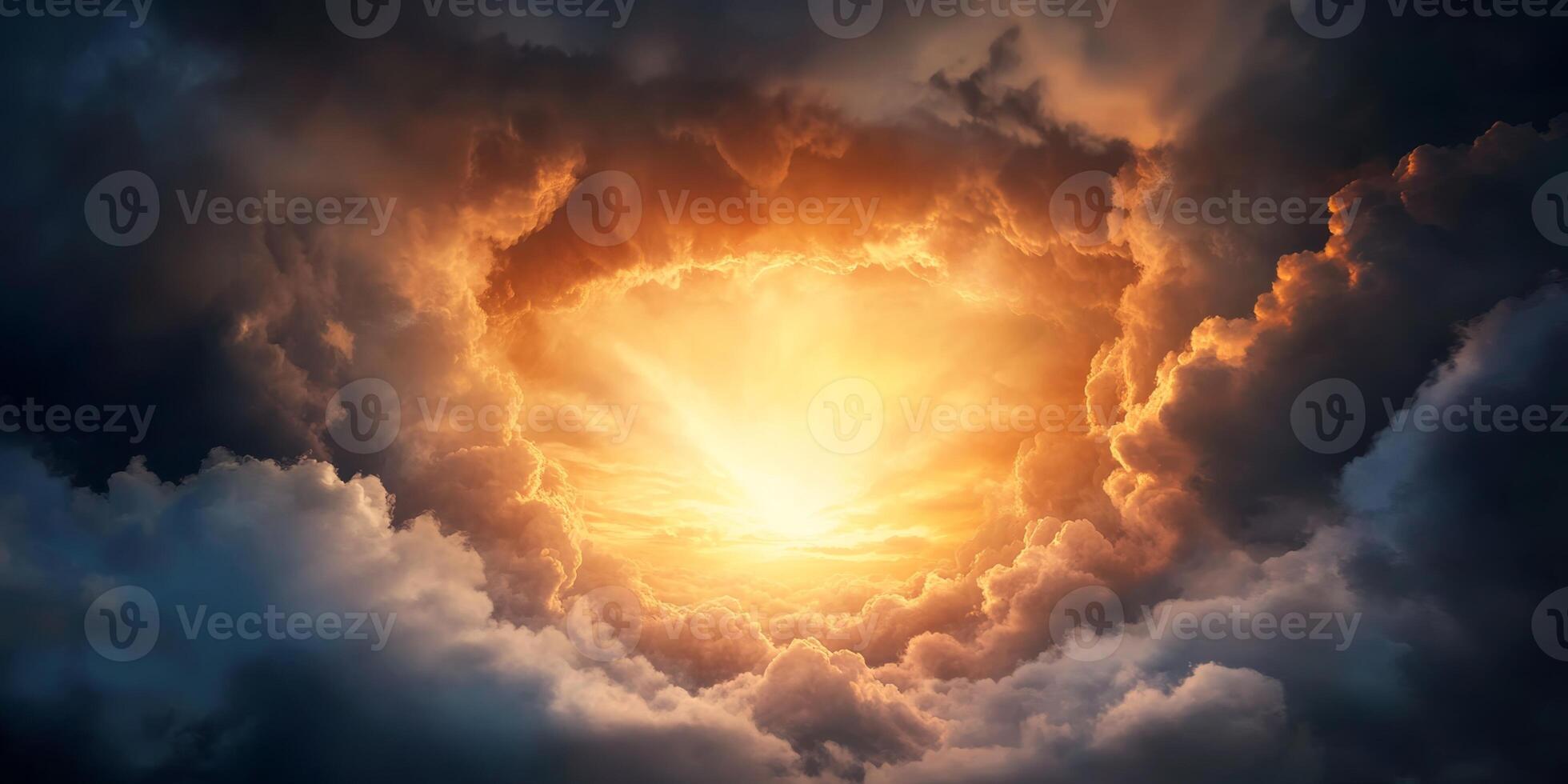 Dynamic sunset peeking through dark storm clouds over the horizon creating a stunning natural light display photo