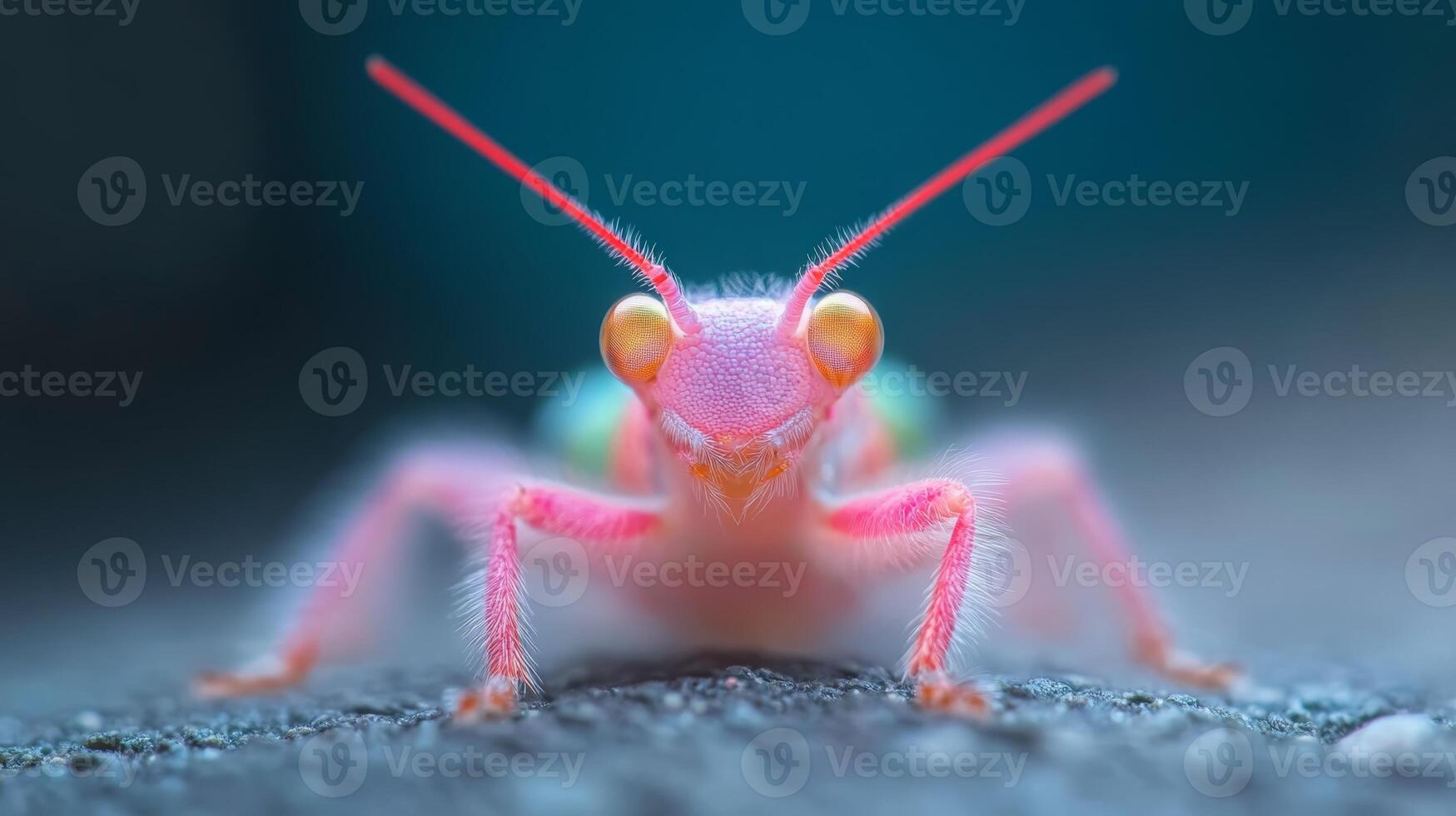 Colorful macro shot of a vibrant pink insect with long antennae in a natural environment, showcasing intricate details and textures photo