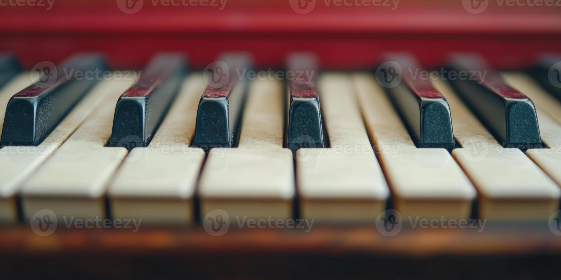 Close-up view of vintage piano keys showing detailed textures and colors in soft natural light, ideal for music and nostalgia themes photo