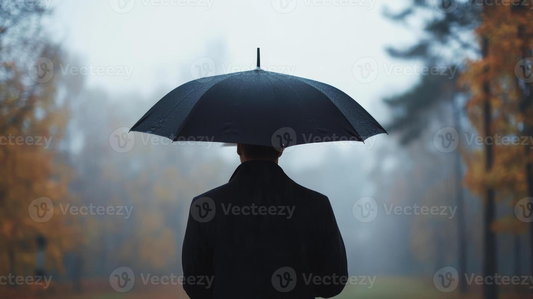 Man holding black umbrella walking through a foggy autumn park surrounded by yellow leaves photo