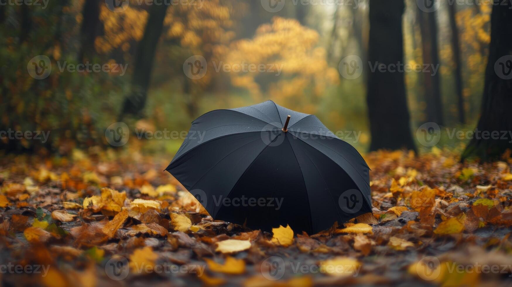 Colorful autumn foliage surrounds a black umbrella resting on a carpet of fallen leaves in a serene forest setting photo