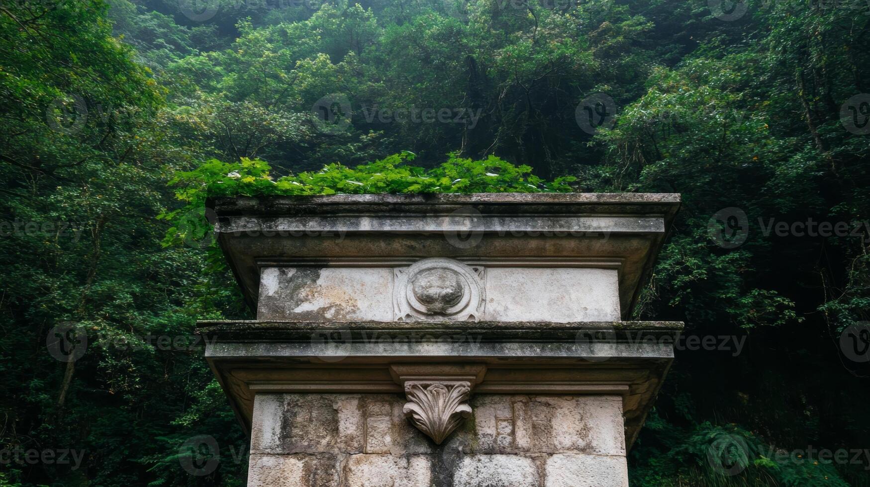 Ancient stone monument surrounded by lush forest vegetation in tranquil natural setting photo