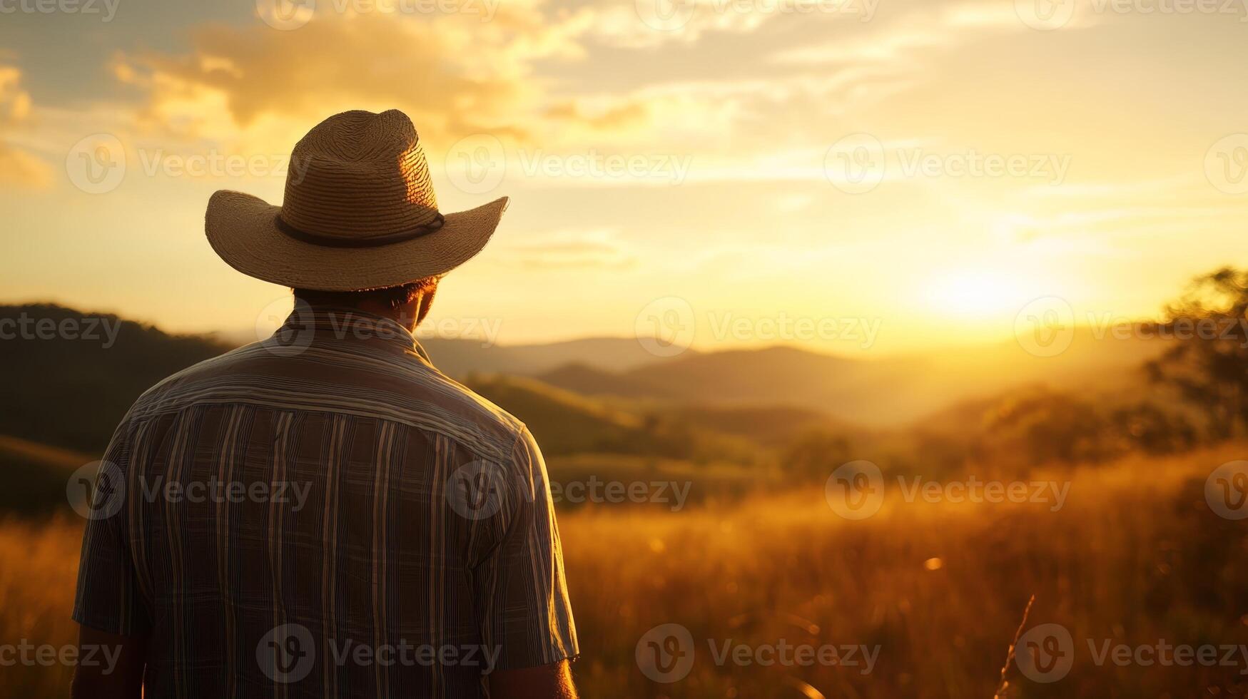 Sunset view over rolling hills with a man in a straw hat reflecting on nature's beauty photo