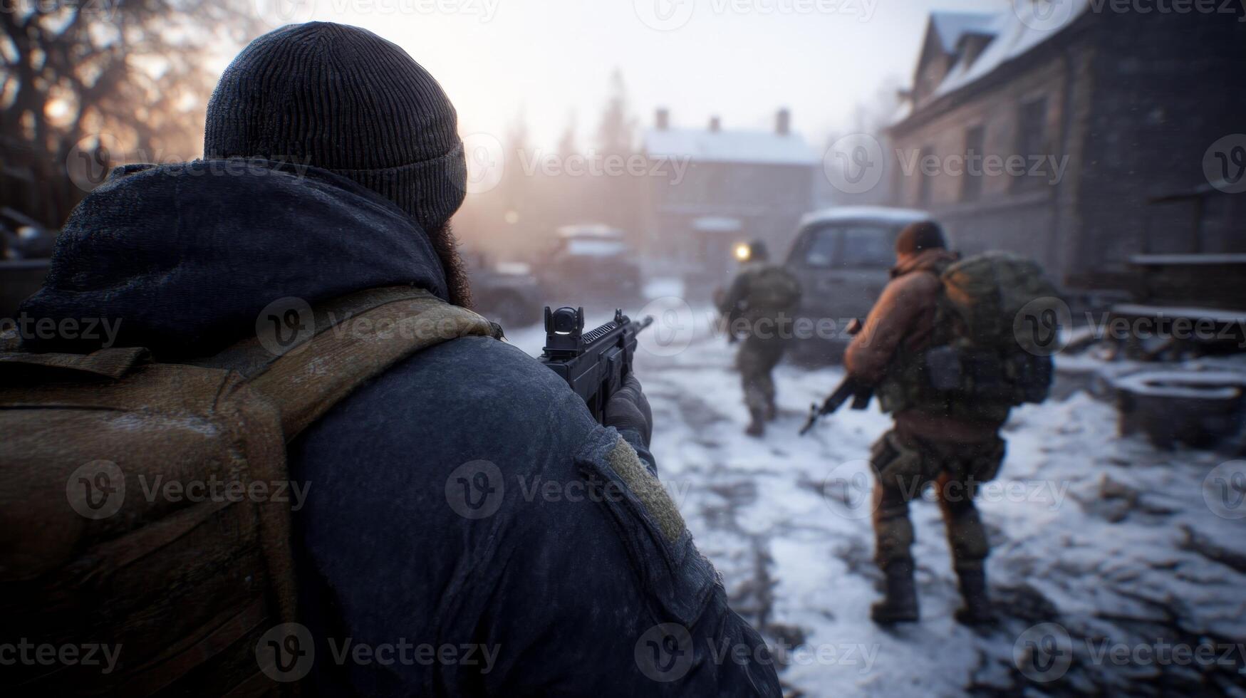 Military operatives navigate a snowy urban environment during a mission at dawn photo