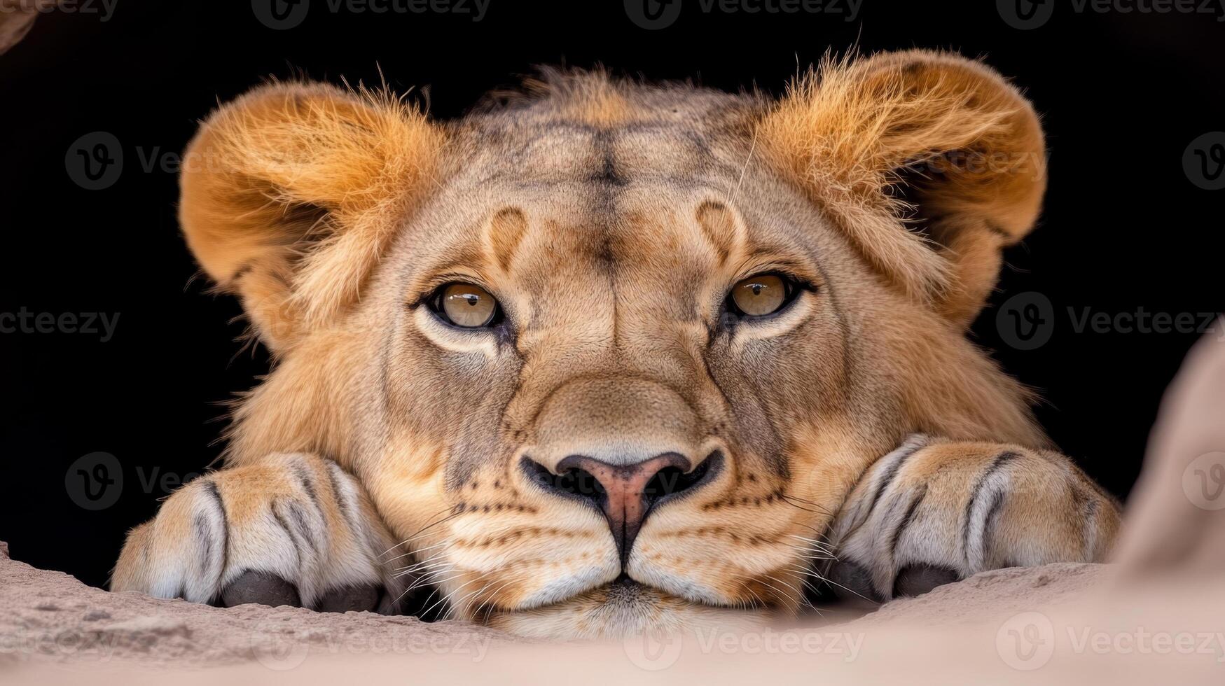 Lion resting in a cave waiting for its next adventure during a sunny day in the savannah photo