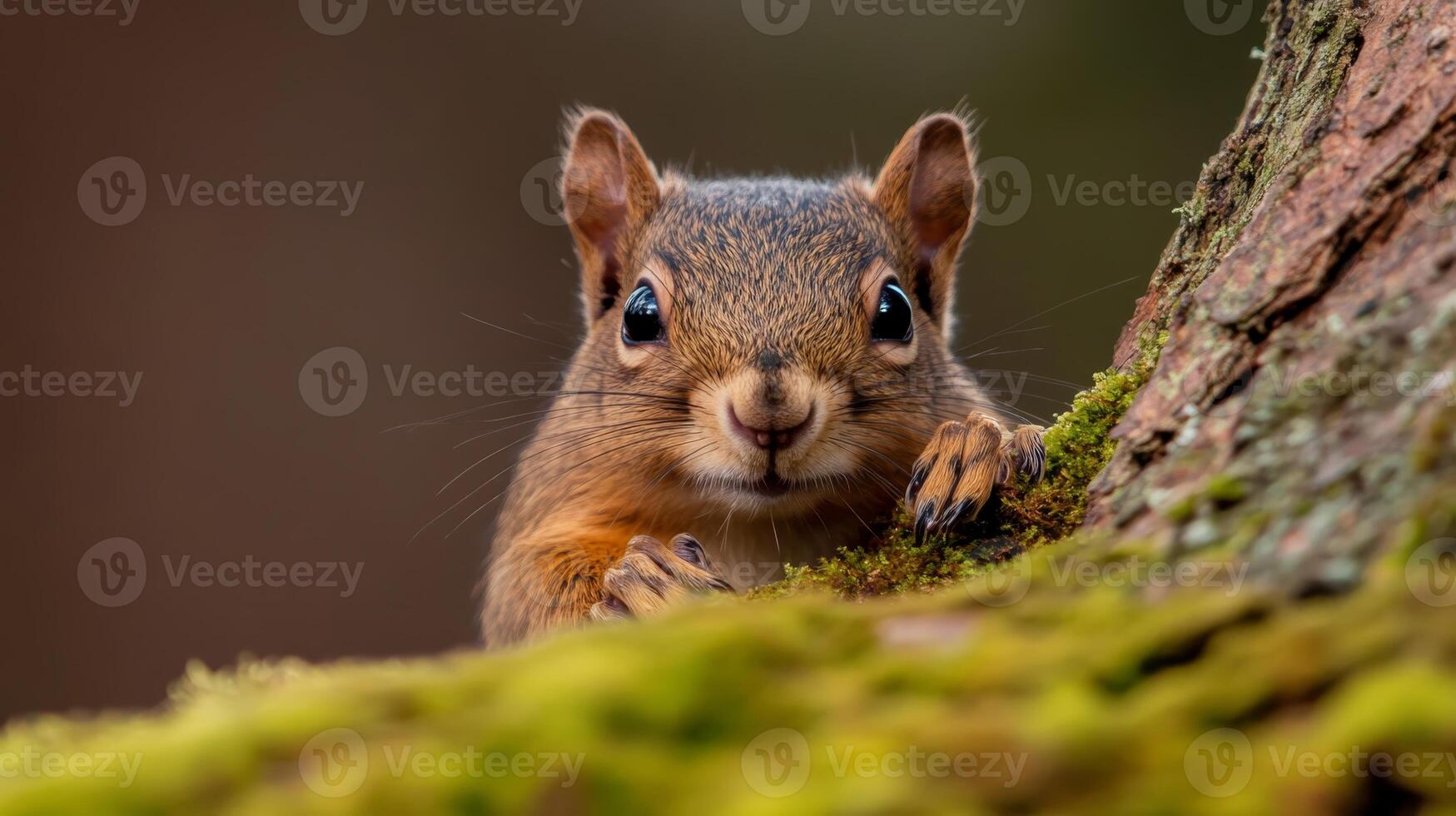 Squirrel peering from a tree trunk surrounded by vibrant moss in a serene forest setting at dawn photo