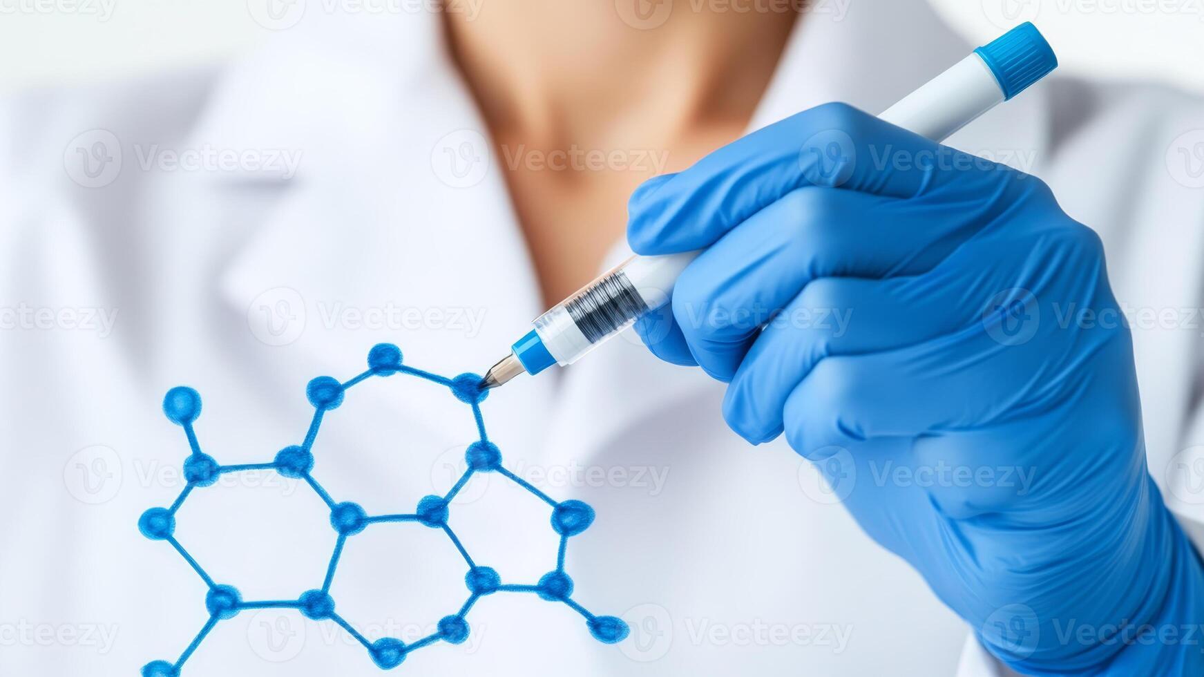 Scientist in lab coat illustrating molecular structure with blue marker on white background during research activity photo