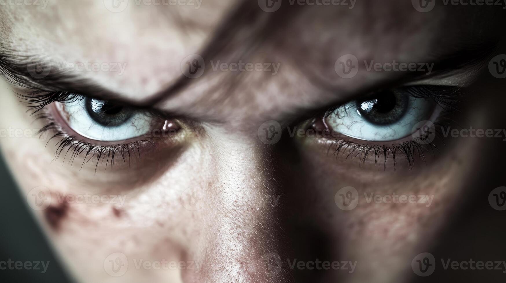 Intense close-up of a young person's piercing blue eyes revealing emotion and depth in a dramatic setting photo