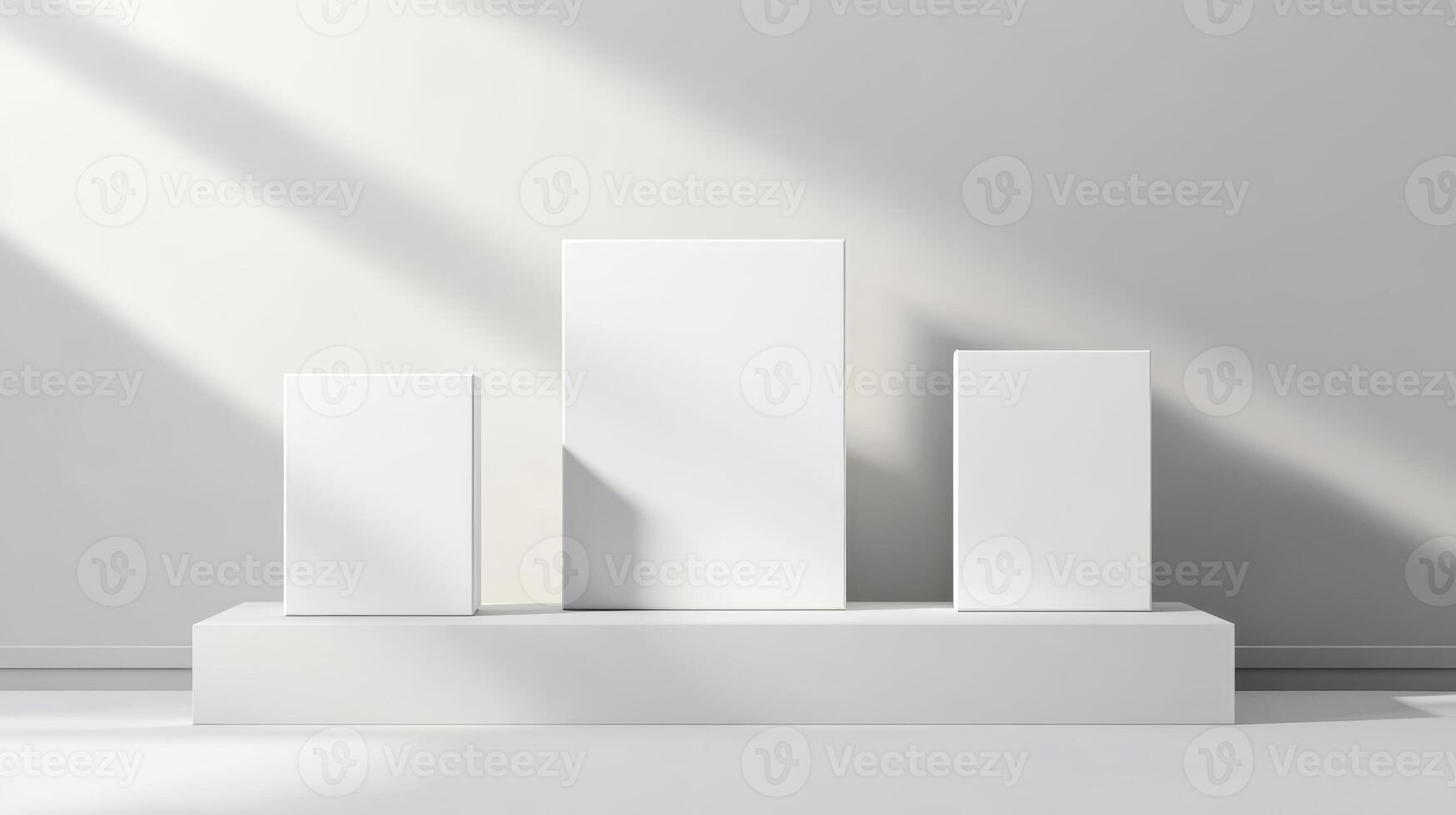 Minimalist display with three blank canvases on a raised platform under soft natural light in an indoor setting photo