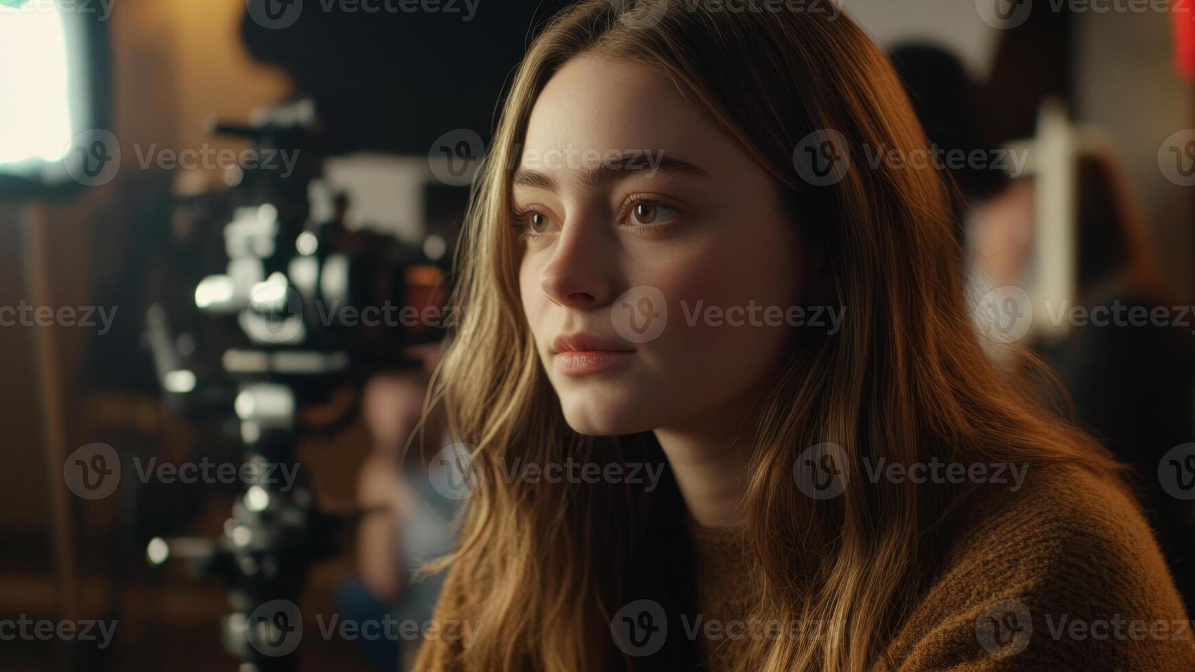 Female model poses thoughtfully in studio while being photographed during fashion shoot late in the afternoon photo