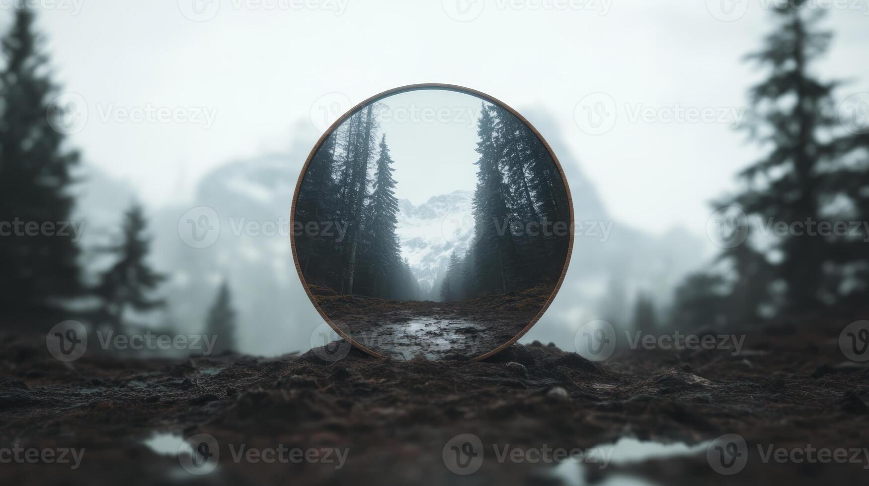 Reflection of a misty forest landscape captured through a circular mirror in the wilderness photo