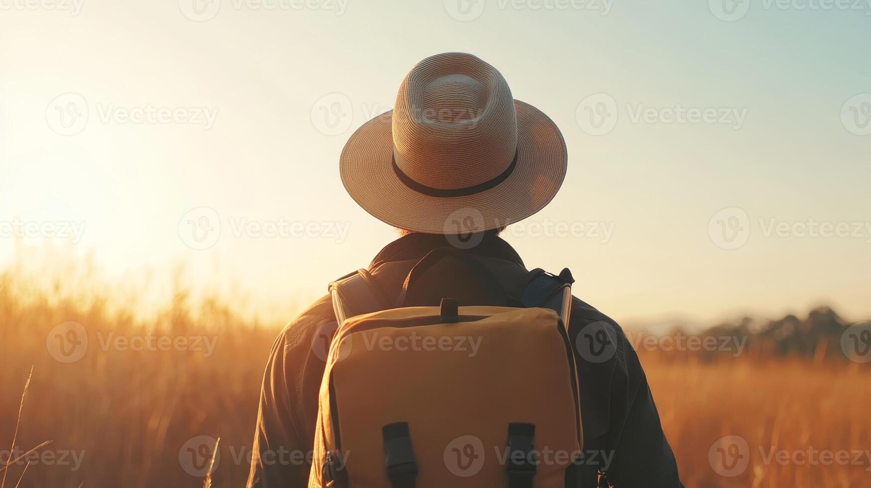 Backpacker enjoying a scenic sunset in a golden field, embracing nature's tranquility and adventure photo