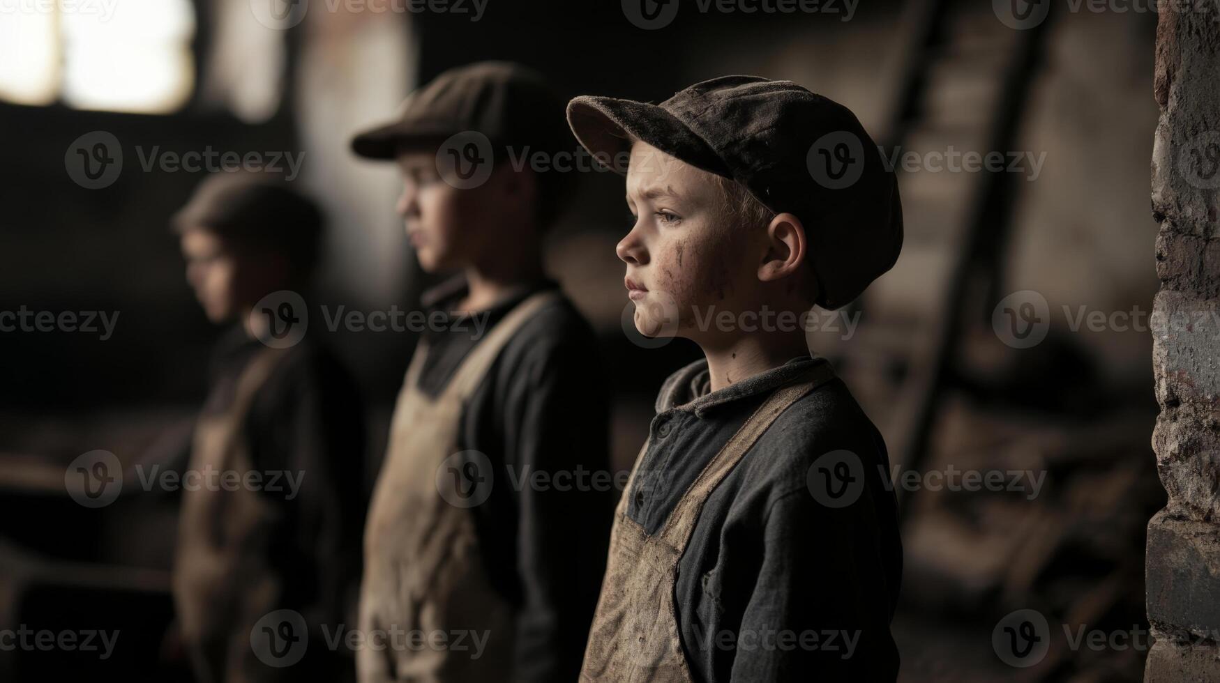 Portrait of three young factory workers standing in a dimly lit workshop, reflecting the harsh realities of child labor in the early 1900s photo