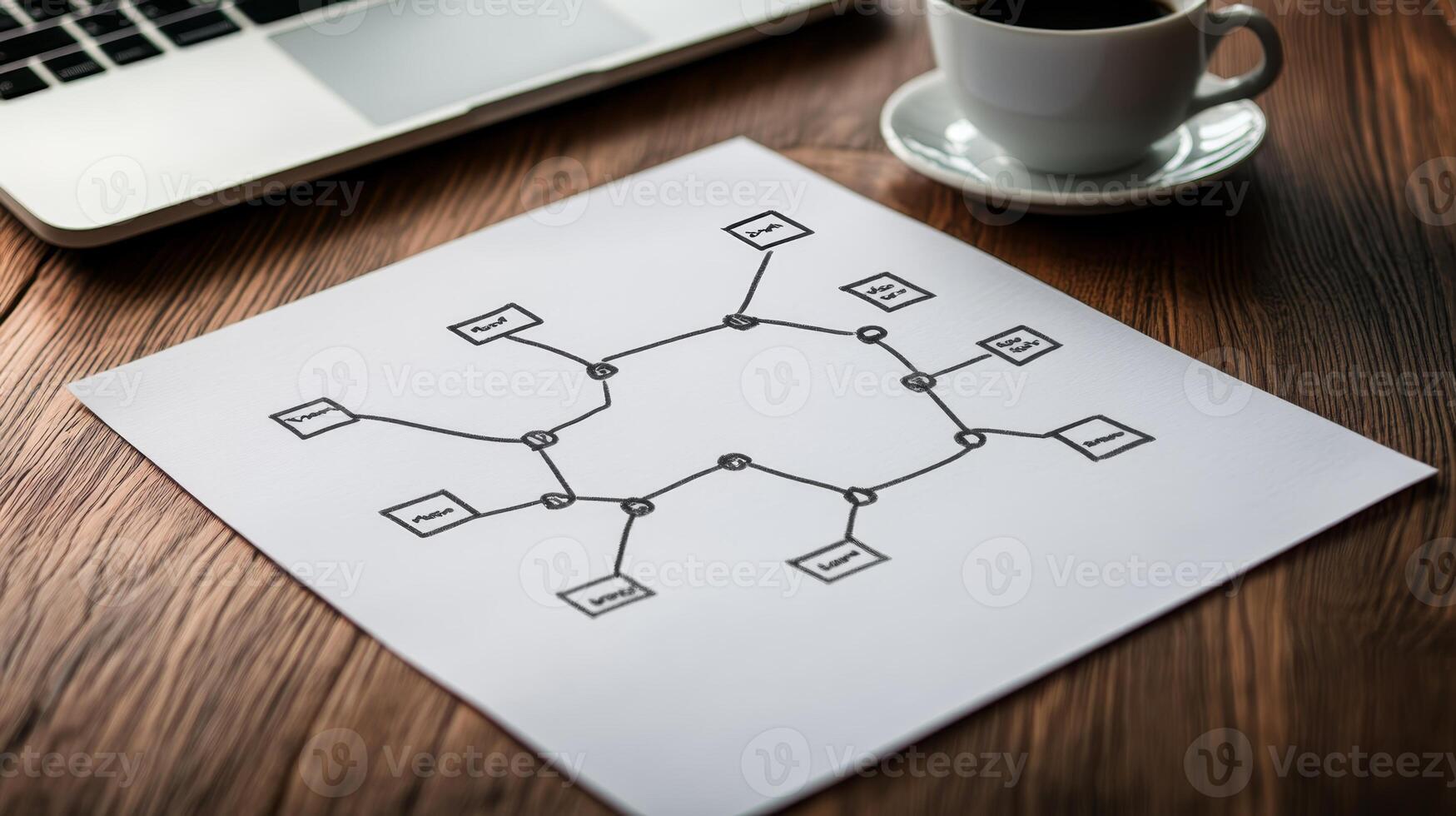 Conceptual mind map on paper with laptop and coffee cup on wooden table, showcasing brainstorming and planning process in office setting photo